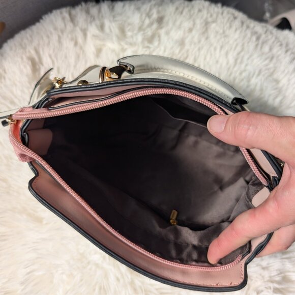 Embroidered Satchel w/ Crossbody Strap & Cat Coin Purse - White Faux Leather - Picture 7 of 12